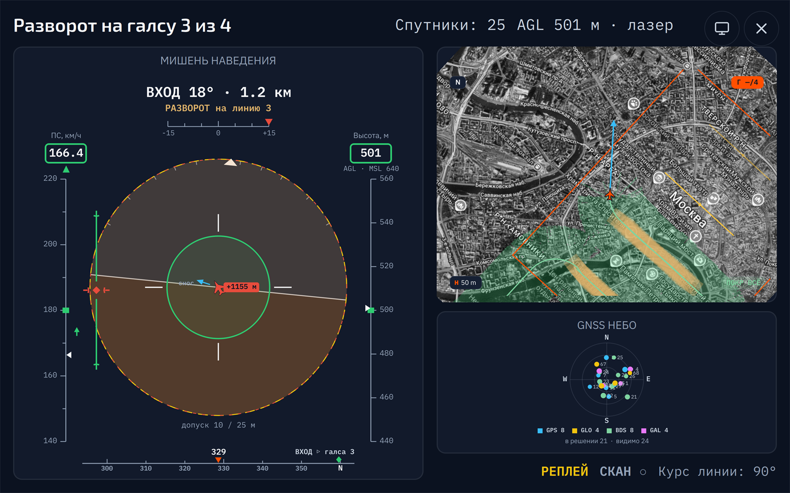 Монитор пилота на втором экране: мишень наведения, индикация уклонения, GNSS-небо и мини-карта